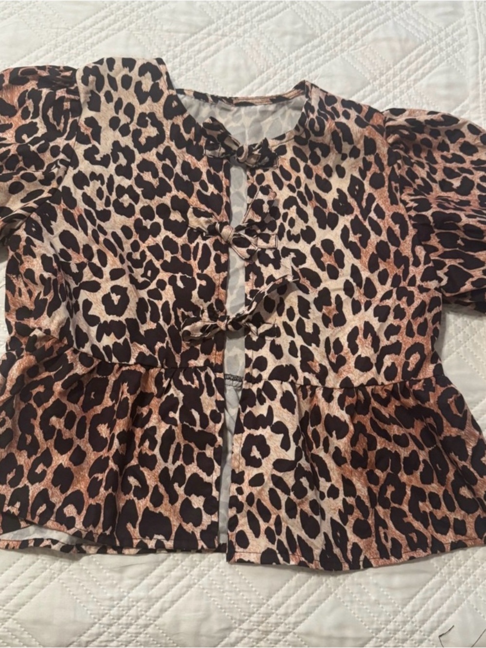 Leopard Print Peplum Button-Front Top in Brown and Black